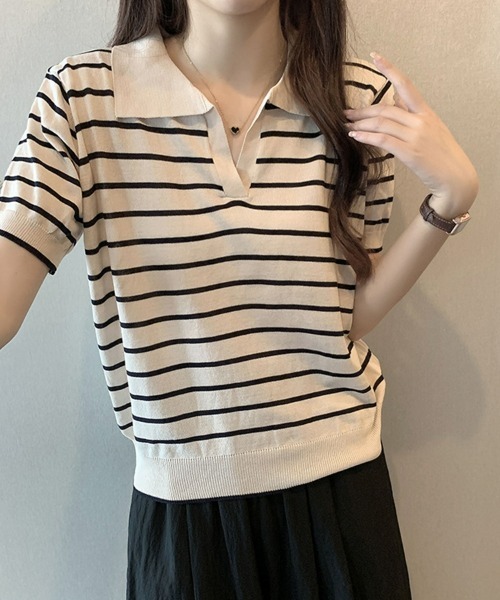 SEU(エスイーユー)の「ボーダー半袖Tシャツ スキッパーネックボーダートップス 【オフィスカジュアル】【きれいめカジュアル】 レディース韓国(Tシャツ/カットソー・レディース・アイボリー/ブラック/ネイビー・フリー)」の17枚目の写真