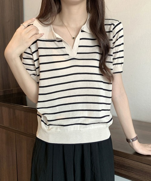 SEU(エスイーユー)の「ボーダー半袖Tシャツ スキッパーネックボーダートップス 【オフィスカジュアル】【きれいめカジュアル】 レディース韓国(Tシャツ/カットソー・レディース・アイボリー/ブラック/ネイビー・フリー)」の18枚目の写真