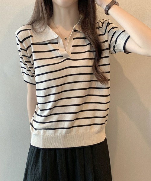 SEU(エスイーユー)の「ボーダー半袖Tシャツ スキッパーネックボーダートップス 【オフィスカジュアル】【きれいめカジュアル】 レディース韓国(Tシャツ/カットソー・レディース・アイボリー/ブラック/ネイビー・フリー)」の19枚目の写真