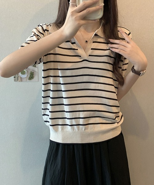 SEU(エスイーユー)の「ボーダー半袖Tシャツ スキッパーネックボーダートップス 【オフィスカジュアル】【きれいめカジュアル】 レディース韓国(Tシャツ/カットソー・レディース・アイボリー/ブラック/ネイビー・フリー)」の20枚目の写真