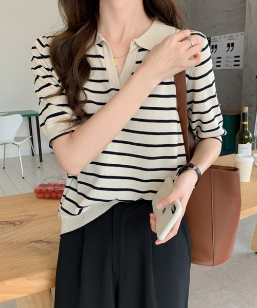 SEU(エスイーユー)の「ボーダー半袖Tシャツ スキッパーネックボーダートップス 【オフィスカジュアル】【きれいめカジュアル】 レディース韓国(Tシャツ/カットソー・レディース・アイボリー/ブラック/ネイビー・フリー)」の21枚目の写真