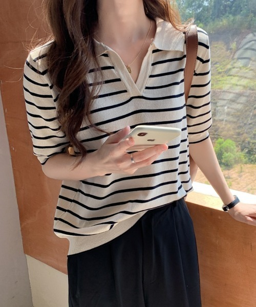 SEU(エスイーユー)の「ボーダー半袖Tシャツ スキッパーネックボーダートップス 【オフィスカジュアル】【きれいめカジュアル】 レディース韓国(Tシャツ/カットソー・レディース・アイボリー/ブラック/ネイビー・フリー)」の22枚目の写真