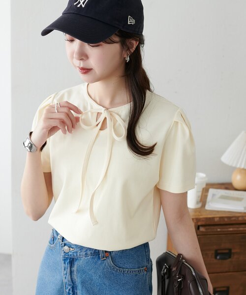 DISCOAT(ディスコート)の「【WEB限定】前リボン半袖Tシャツ(Tシャツ/カットソー・レディース・オフホワイト/ブラック/アイボリー・MEDIUM)」の22枚目の写真
