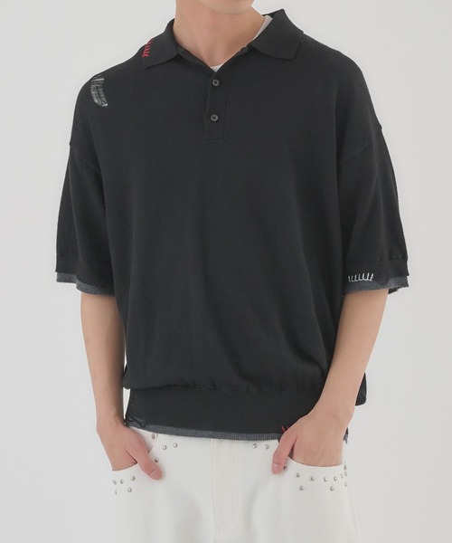 Perushu(ペルーシュ)の「LAYERED DESIGN DAMAGED STITCH KNIT POLO/レイヤードデザインダメージステッチニットポロ(ニット/セーター・メンズ・ブラック/レッド・LARGE/MEDIUM)」の1枚目の写真