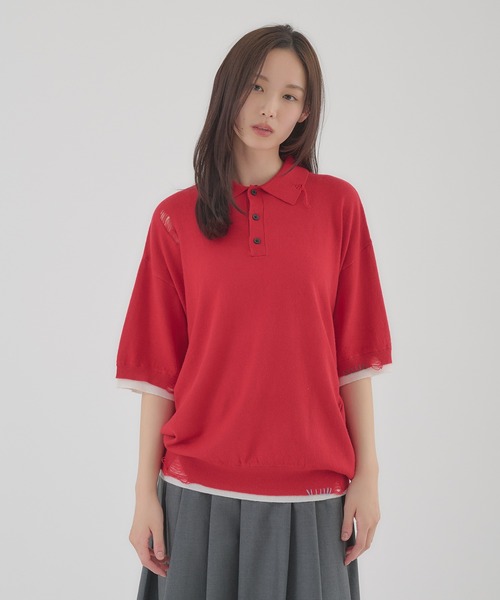 Perushu(ペルーシュ)の「LAYERED DESIGN DAMAGED STITCH KNIT POLO/レイヤードデザインダメージステッチニットポロ(ニット/セーター・メンズ・ブラック/レッド・LARGE/MEDIUM)」の22枚目の写真