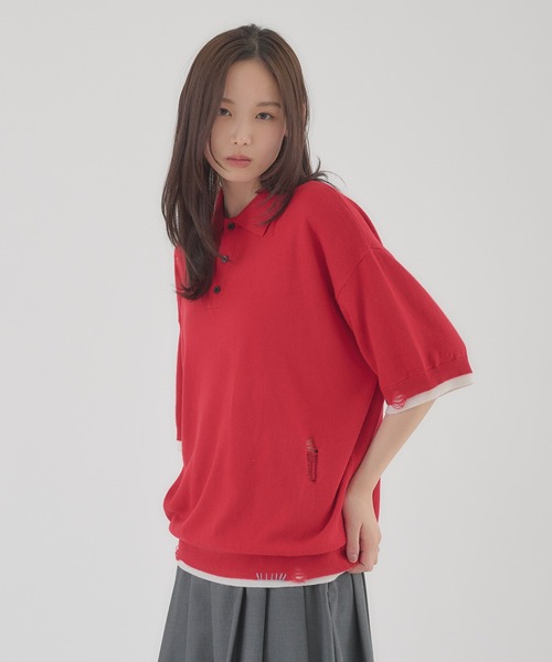 Perushu(ペルーシュ)の「LAYERED DESIGN DAMAGED STITCH KNIT POLO/レイヤードデザインダメージステッチニットポロ(ニット/セーター・メンズ・ブラック/レッド・LARGE/MEDIUM)」の20枚目の写真