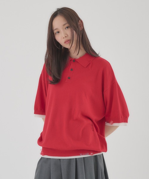 Perushu(ペルーシュ)の「LAYERED DESIGN DAMAGED STITCH KNIT POLO/レイヤードデザインダメージステッチニットポロ(ニット/セーター・メンズ・ブラック/レッド・LARGE/MEDIUM)」の21枚目の写真