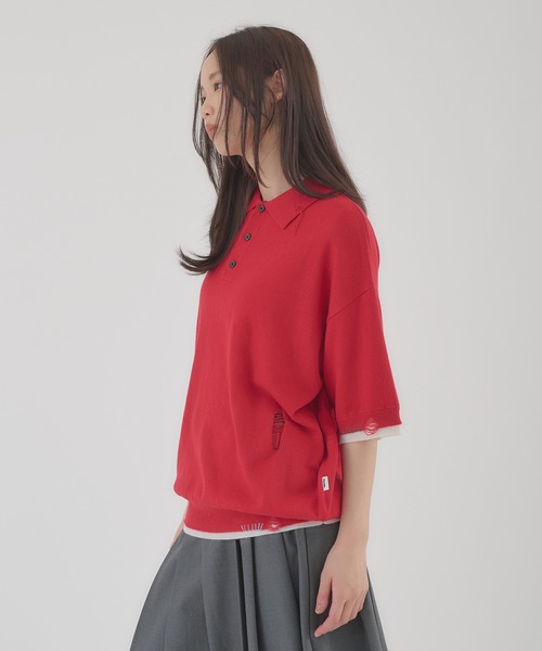 Perushu(ペルーシュ)の「LAYERED DESIGN DAMAGED STITCH KNIT POLO/レイヤードデザインダメージステッチニットポロ(ニット/セーター・メンズ・ブラック/レッド・LARGE/MEDIUM)」の19枚目の写真
