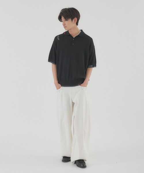 Perushu(ペルーシュ)の「LAYERED DESIGN DAMAGED STITCH KNIT POLO/レイヤードデザインダメージステッチニットポロ(ニット/セーター・メンズ・ブラック/レッド・LARGE/MEDIUM)」の4枚目の写真