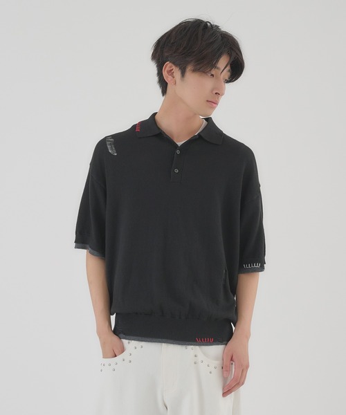 Perushu(ペルーシュ)の「LAYERED DESIGN DAMAGED STITCH KNIT POLO/レイヤードデザインダメージステッチニットポロ(ニット/セーター・メンズ・ブラック/レッド・LARGE/MEDIUM)」の9枚目の写真