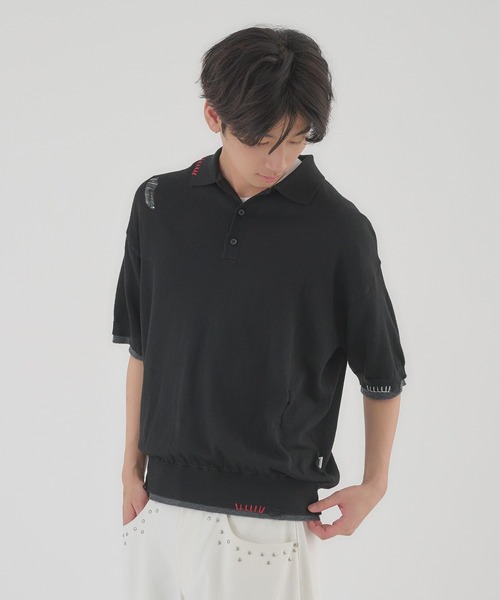 Perushu(ペルーシュ)の「LAYERED DESIGN DAMAGED STITCH KNIT POLO/レイヤードデザインダメージステッチニットポロ(ニット/セーター・メンズ・ブラック/レッド・LARGE/MEDIUM)」の8枚目の写真