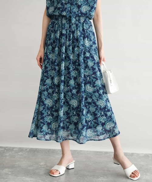 MK MICHEL KLEIN（エムケーミッシェルクラン）の「[洗える]更紗プリント花柄シフォンスカート（スカート・レディース・ネイビー/ベージュ・38）」の6枚目の写真