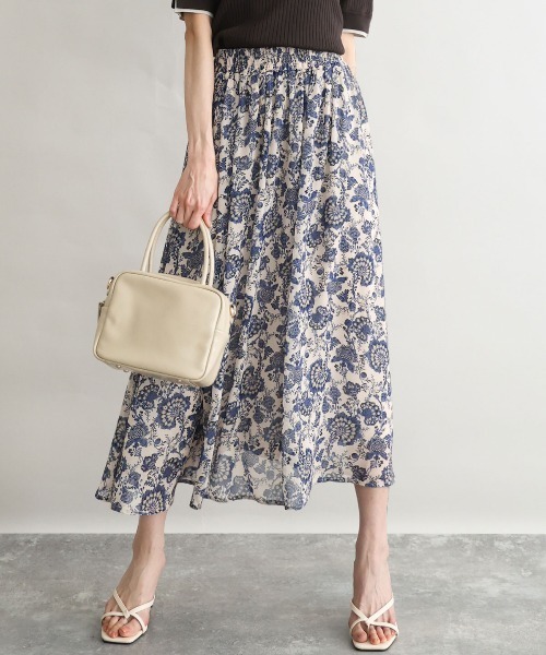 MK MICHEL KLEIN（エムケーミッシェルクラン）の「[洗える]更紗プリント花柄シフォンスカート（スカート・レディース・ネイビー/ベージュ・38）」の6枚目の写真