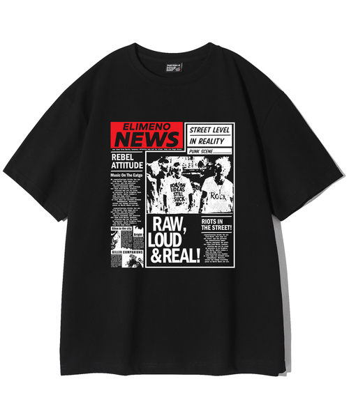 ELIMENO(エリメノ)の「ELニュース半袖Tシャツ4カラー(Tシャツ/カットソー・メンズ・ブラック/チャコール/ホワイト/ライトグレー・1/2/3/4/5/6)」の1枚目の写真