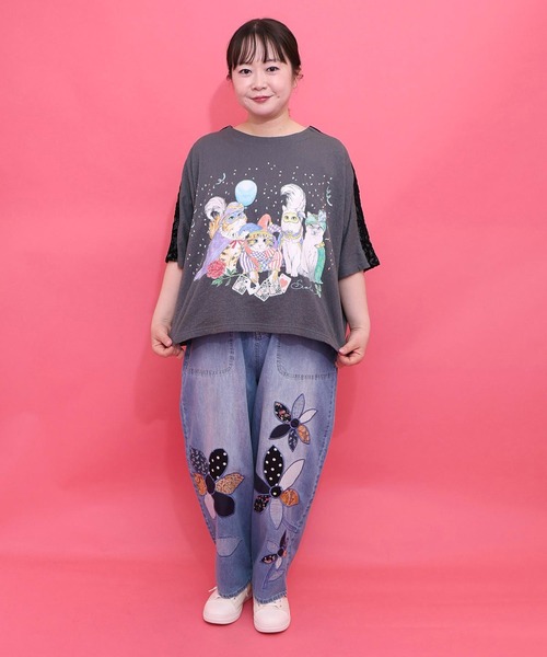 Scolar 仮面舞踏会のネコ柄 ドルマンスリーブTシャツ ScoLar(スカラー) 仮面舞踏会のネコ柄 ドルマンスリーブTシャツ（T