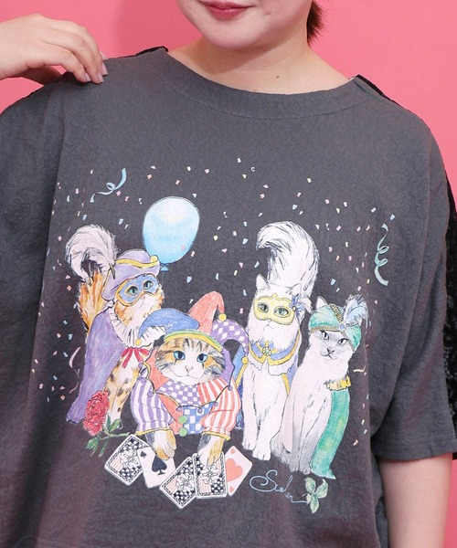 スカラー　162634：仮面舞踏会のネコ柄 ドルマンスリーブTシャツ 162634：仮面舞踏会のネコ柄 ドルマンスリーブTシャツの通販-ScoLar
