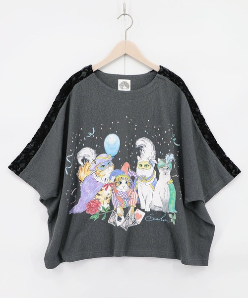 ScoLar(スカラー) 仮面舞踏会のネコ柄 ドルマンスリーブTシャツ（T