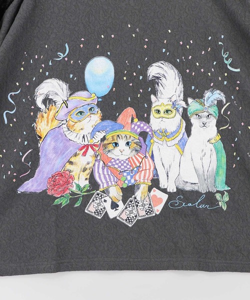 スカラー　162634：仮面舞踏会のネコ柄 ドルマンスリーブTシャツ 162634：仮面舞踏会のネコ柄 ドルマンスリーブTシャツの通販-ScoLar