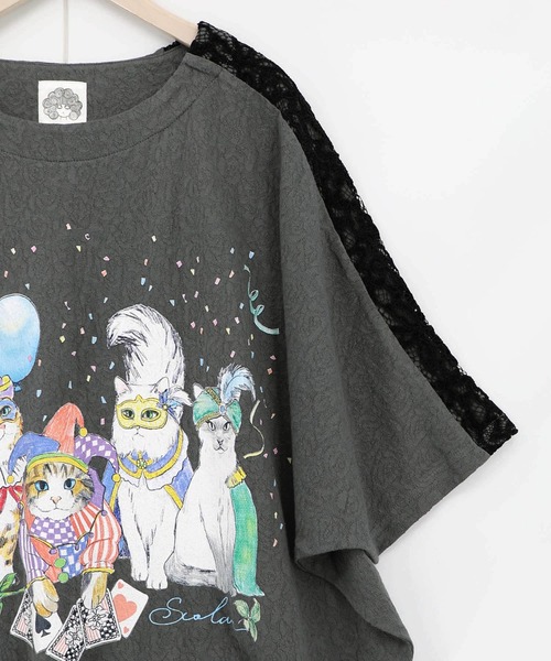 ScoLar(スカラー) 仮面舞踏会のネコ柄 ドルマンスリーブTシャツ（T