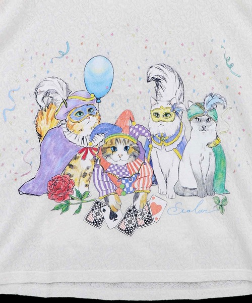 ScoLar(スカラー) 仮面舞踏会のネコ柄 ドルマンスリーブTシャツ（T