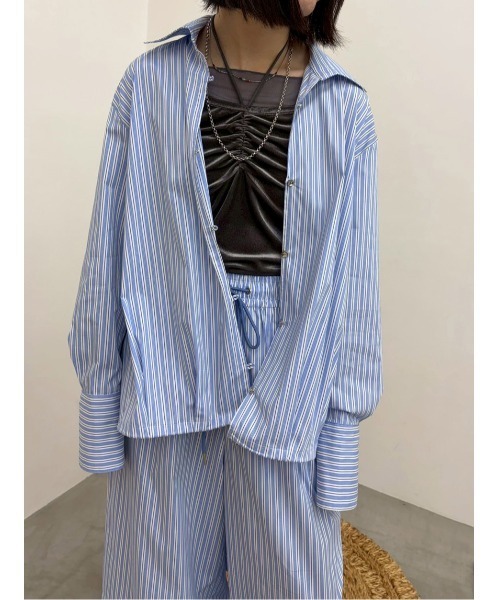 MIDVEIN(ミッドヴェイン)の「Striped drawstring shirt(シャツ/ブラウス・レディース・ピンク/サックスブルー・FREE)」の2枚目の写真
