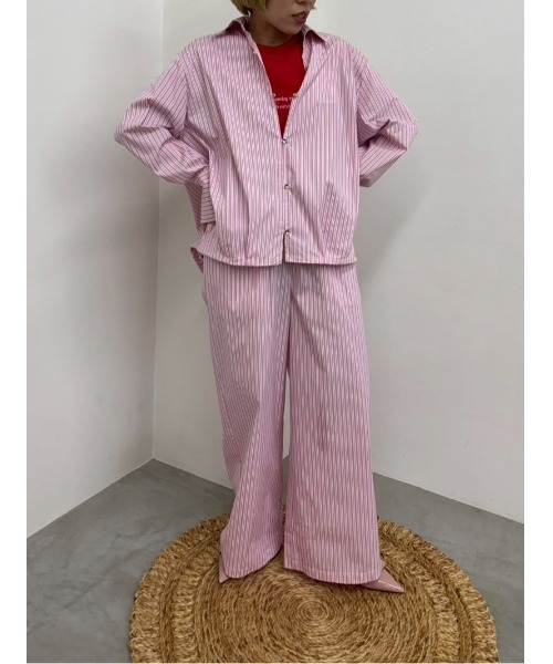 MIDVEIN(ミッドヴェイン)の「Striped drawstring shirt(シャツ/ブラウス・レディース・ピンク/サックスブルー・FREE)」の1枚目の写真