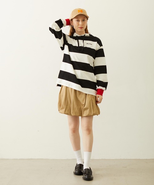 MILKFED.(ミルクフェド)の「CONTRAST RIB STRIPED HOODED TOP(Tシャツ/カットソー・レディース・ネイビー/イエロー/ブラック・ONE SIZE)」の8枚目の写真