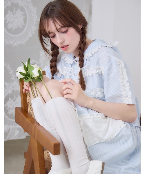 Lolime by mellfy memory(ロリミー バイ メルフィーメモリー)の「stripe frill hood shirts(シャツ/ブラウス・レディース・ピンク/ブルー・FREE)」の2枚目の写真