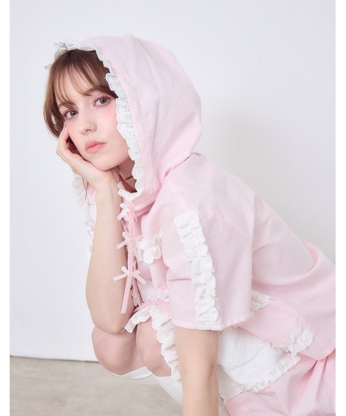 Lolime by mellfy memory(ロリミー バイ メルフィーメモリー)の「stripe frill hood shirts(シャツ/ブラウス・レディース・ピンク/ブルー・FREE)」の6枚目の写真
