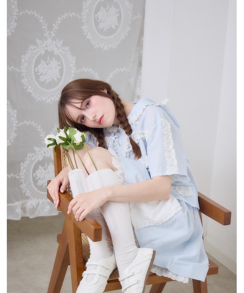 Lolime by mellfy memory(ロリミー バイ メルフィーメモリー)の「stripe frill hood shirts(シャツ/ブラウス・レディース・ピンク/ブルー・FREE)」の9枚目の写真