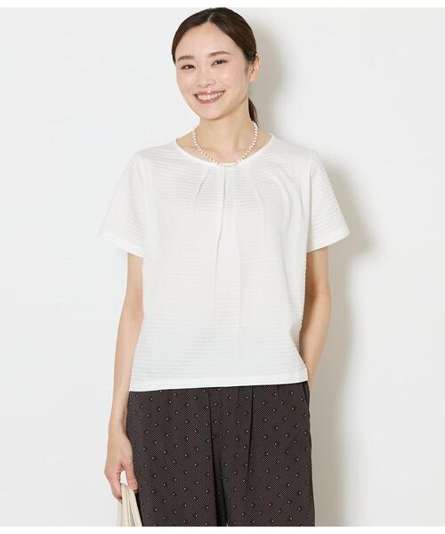 NEWYORKER(ニューヨーカー)の「【吸水速乾】格子サッカータックTシャツ(Tシャツ/カットソー・レディース・ライトグレー/ホワイト/サックスブルー・MEDIUM/LARGE)」の2枚目の写真
