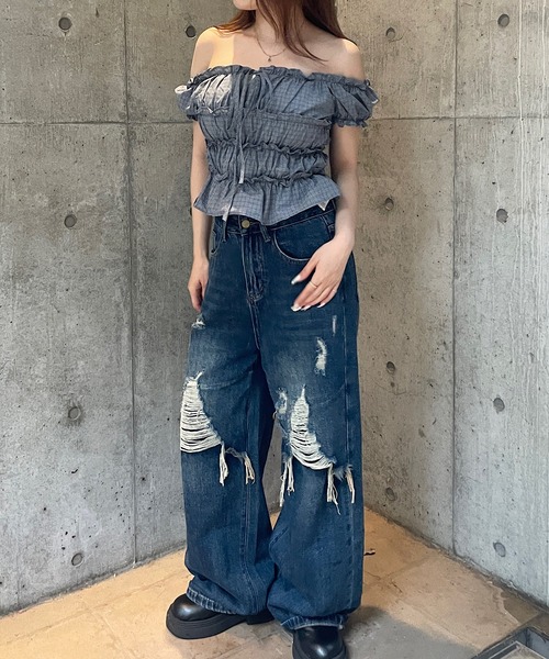 ROGER AND RAW(ロジャーアンドロウ)の「チェック柄2WAY パフスリーブブラウス(シャツ/ブラウス・レディース・ブラウン/ブルー・FREE)」の13枚目の写真