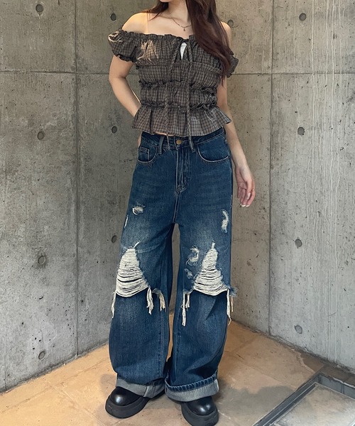 ROGER AND RAW(ロジャーアンドロウ)の「チェック柄2WAY パフスリーブブラウス(シャツ/ブラウス・レディース・ブラウン/ブルー・FREE)」の11枚目の写真
