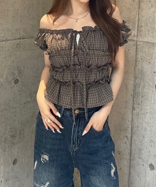 ROGER AND RAW(ロジャーアンドロウ)の「チェック柄2WAY パフスリーブブラウス(シャツ/ブラウス・レディース・ブラウン/ブルー・FREE)」の6枚目の写真