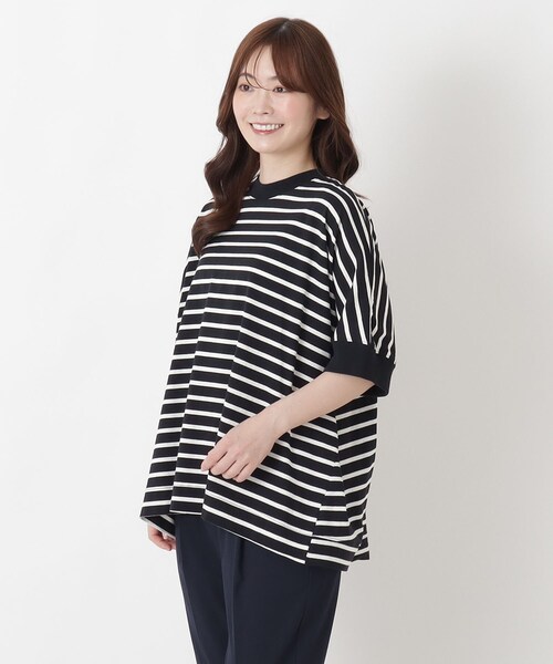 one'sterrace(ワンズテラス)の「コットンボーダー リブ袖プルオーバー(Tシャツ/カットソー・レディース・ブラック系8/アイボリー系8/ブルー系その他7・02)」の1枚目の写真