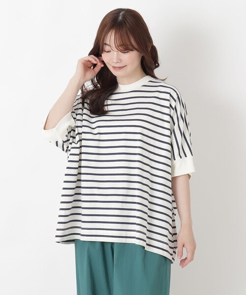 one'sterrace(ワンズテラス)の「コットンボーダー リブ袖プルオーバー(Tシャツ/カットソー・レディース・ブラック系8/アイボリー系8/ブルー系その他7・02)」の3枚目の写真