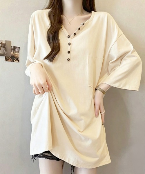 Miniministore(ミニミニストア)の「ゆったりチュニックTシャツヘンリーネック(Tシャツ/カットソー・レディース・ブラック/ベージュ/ホワイト/カーキブラウン・FREE)」の4枚目の写真