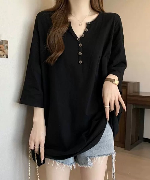 Miniministore(ミニミニストア)の「ゆったりチュニックTシャツヘンリーネック(Tシャツ/カットソー・レディース・ブラック/ベージュ/ホワイト/カーキブラウン・FREE)」の2枚目の写真
