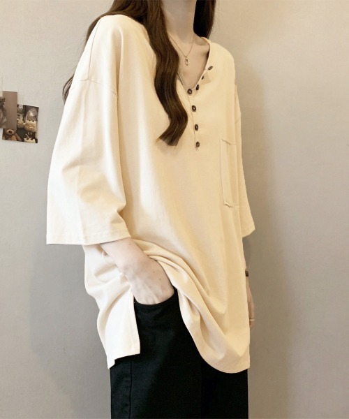 Miniministore(ミニミニストア)の「ゆったりチュニックTシャツヘンリーネック(Tシャツ/カットソー・レディース・ブラック/ベージュ/ホワイト/カーキブラウン・FREE)」の6枚目の写真