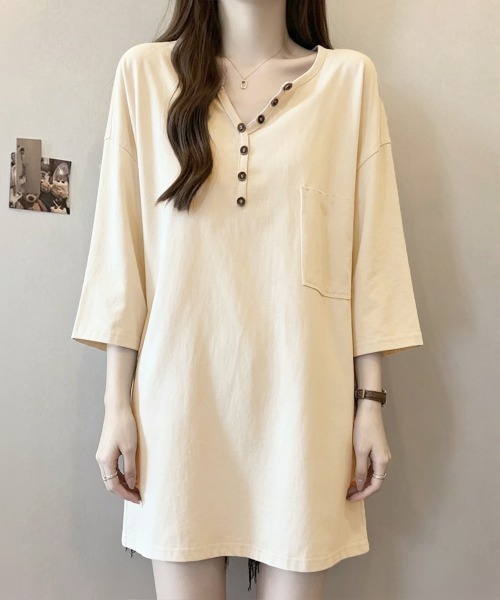 Miniministore(ミニミニストア)の「ゆったりチュニックTシャツヘンリーネック(Tシャツ/カットソー・レディース・ブラック/ベージュ/ホワイト/カーキブラウン・FREE)」の8枚目の写真