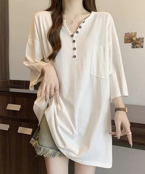 Miniministore(ミニミニストア)の「ゆったりチュニックTシャツヘンリーネック(Tシャツ/カットソー・レディース・ブラック/ベージュ/ホワイト/カーキブラウン・FREE)」の17枚目の写真