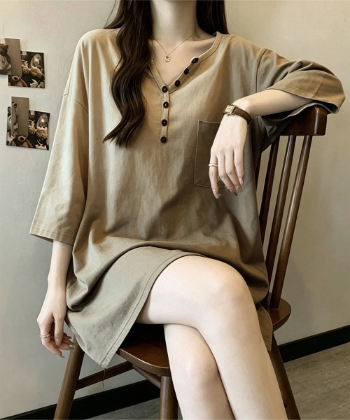 Miniministore(ミニミニストア)の「ゆったりチュニックTシャツヘンリーネック(Tシャツ/カットソー・レディース・ブラック/ベージュ/ホワイト/カーキブラウン・FREE)」の22枚目の写真