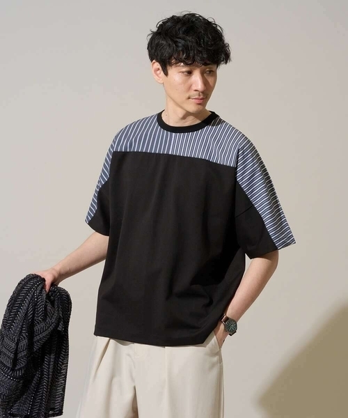 a.v.v（アーヴェヴェ）の「【洗濯機で洗える】ストライプドルマンキリカエカットソー（Tシャツ/カットソー・メンズ・ブラック/ホワイト・50/48/46）」の2枚目の写真