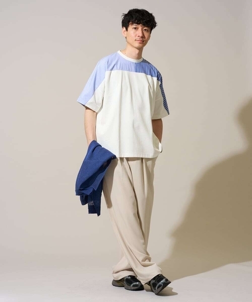 a.v.v（アーヴェヴェ）の「【洗濯機で洗える】ストライプドルマンキリカエカットソー（Tシャツ/カットソー・メンズ・ブラック/ホワイト・50/48/46）」の14枚目の写真