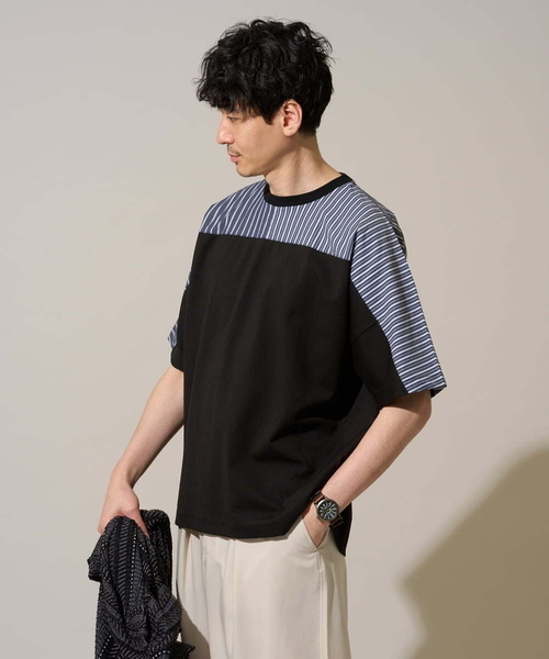 a.v.v（アーヴェヴェ）の「【洗濯機で洗える】ストライプドルマンキリカエカットソー（Tシャツ/カットソー・メンズ・ブラック/ホワイト・50/48/46）」の9枚目の写真