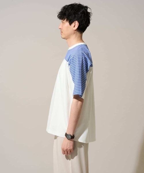 a.v.v（アーヴェヴェ）の「【洗濯機で洗える】ストライプドルマンキリカエカットソー（Tシャツ/カットソー・メンズ・ブラック/ホワイト・50/48/46）」の8枚目の写真