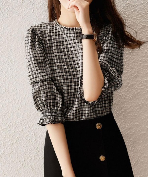 Flugge（フラッジー）の「タックスリーブチェックブラウス（シャツ/ブラウス・レディース・ブラック・LARGE/MEDIUM）」の3枚目の写真