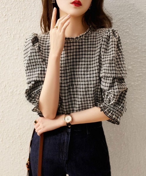 Flugge（フラッジー）の「タックスリーブチェックブラウス（シャツ/ブラウス・レディース・ブラック・LARGE/MEDIUM）」の4枚目の写真