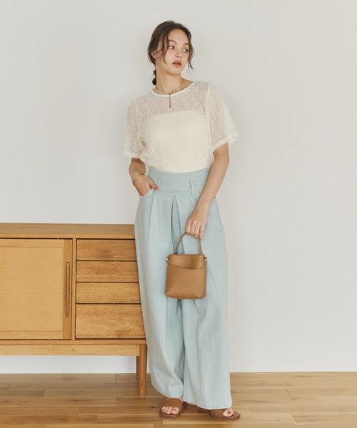 OLUN(オルン)の「nuance sheer half sleeve tops/ハーフスリーブニュアンスシアートップス(Tシャツ/カットソー・レディース・ベージュ/アイボリー・FREE)」の16枚目の写真