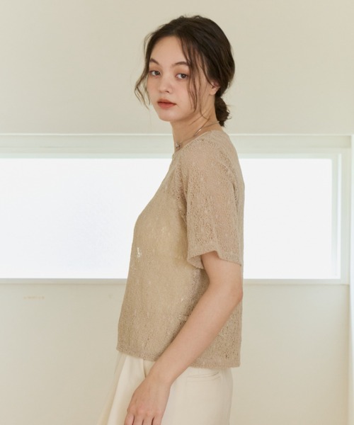 OLUN(オルン)の「nuance sheer half sleeve tops/ハーフスリーブニュアンスシアートップス(Tシャツ/カットソー・レディース・ベージュ/アイボリー・FREE)」の22枚目の写真